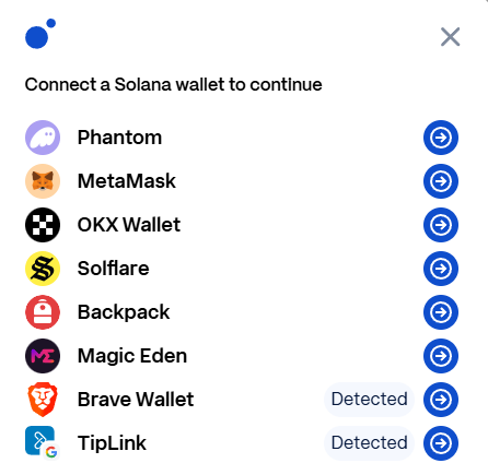 Wallet picker to connect a Solana wallet: Phantom, MetaMask, OKX, Solflare, Backpack, Magic Eden, Brave Wallet or TipLink