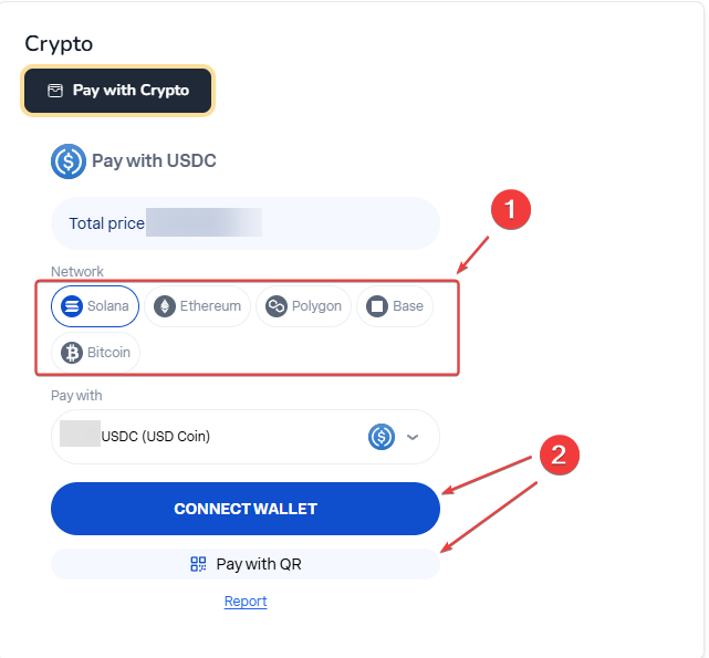 Crypto checkout with USDC: network selection (Solana, Ethereum, Polygon, Base, Bitcoin) and the Connect Wallet or Pay with QR options