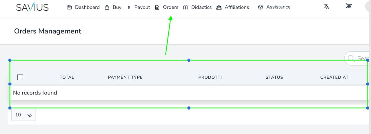 Bereich Orders Management im Savius-Dashboard, geöffnet über das Menü Orders