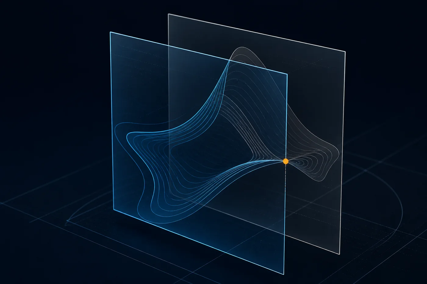 Two translucent analytical panels overlaid, with curves converging on a single highlighted point — an independent reading of the same data.